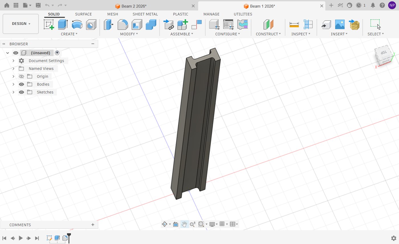 I-beam modeled in Fusion 360, isometric view