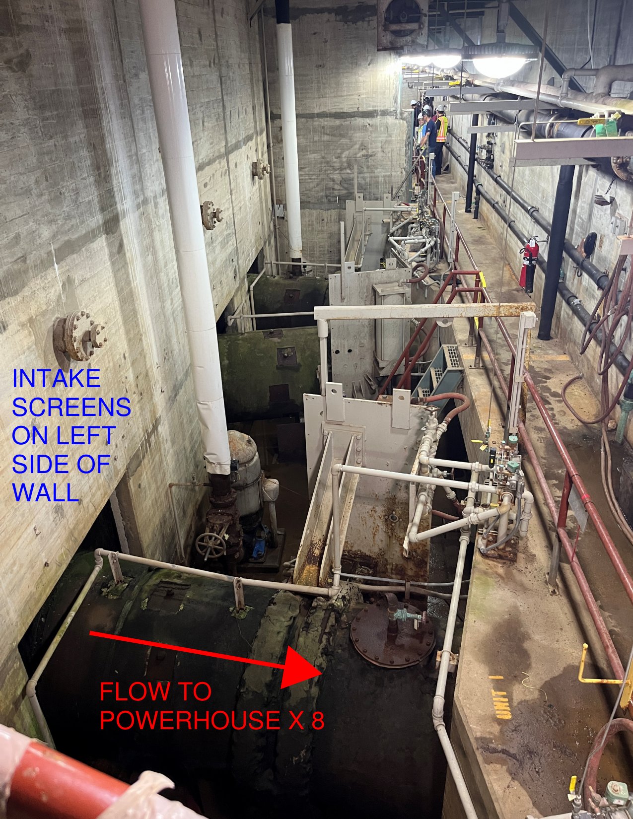 Interior of the intake structure showing the screens and flow to the powerhouse