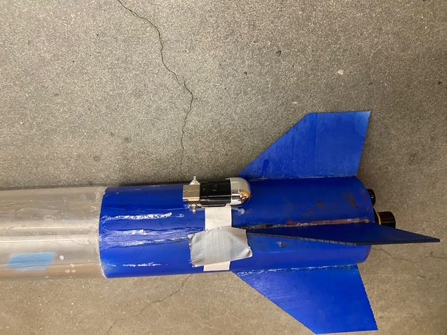 Rear of the rocket showing fins and motor mount