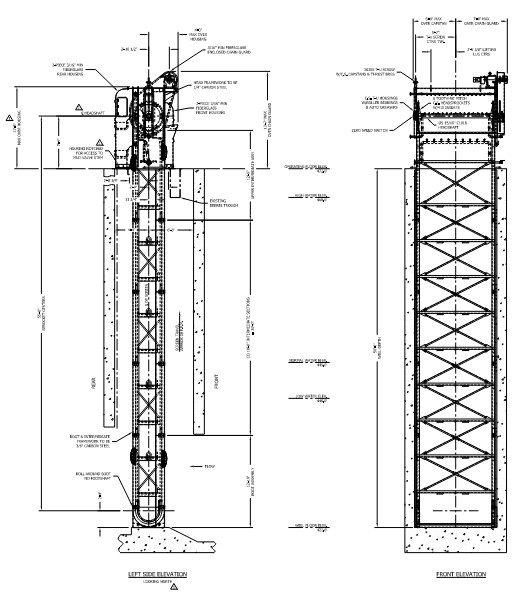Traveling water screen elevation drawing, left side and front elevations