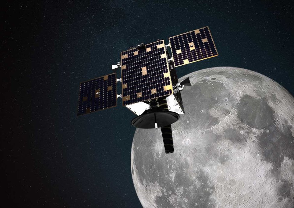 Render of a 12U nanosatellite with deployed solar panels in front of the Moon